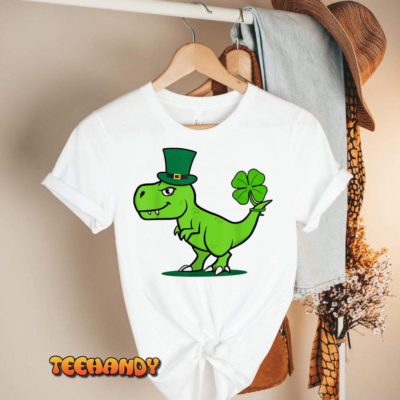 Kid’s Dinosaur Hat Clover Shamrock St. Patrick Day T-Shirt