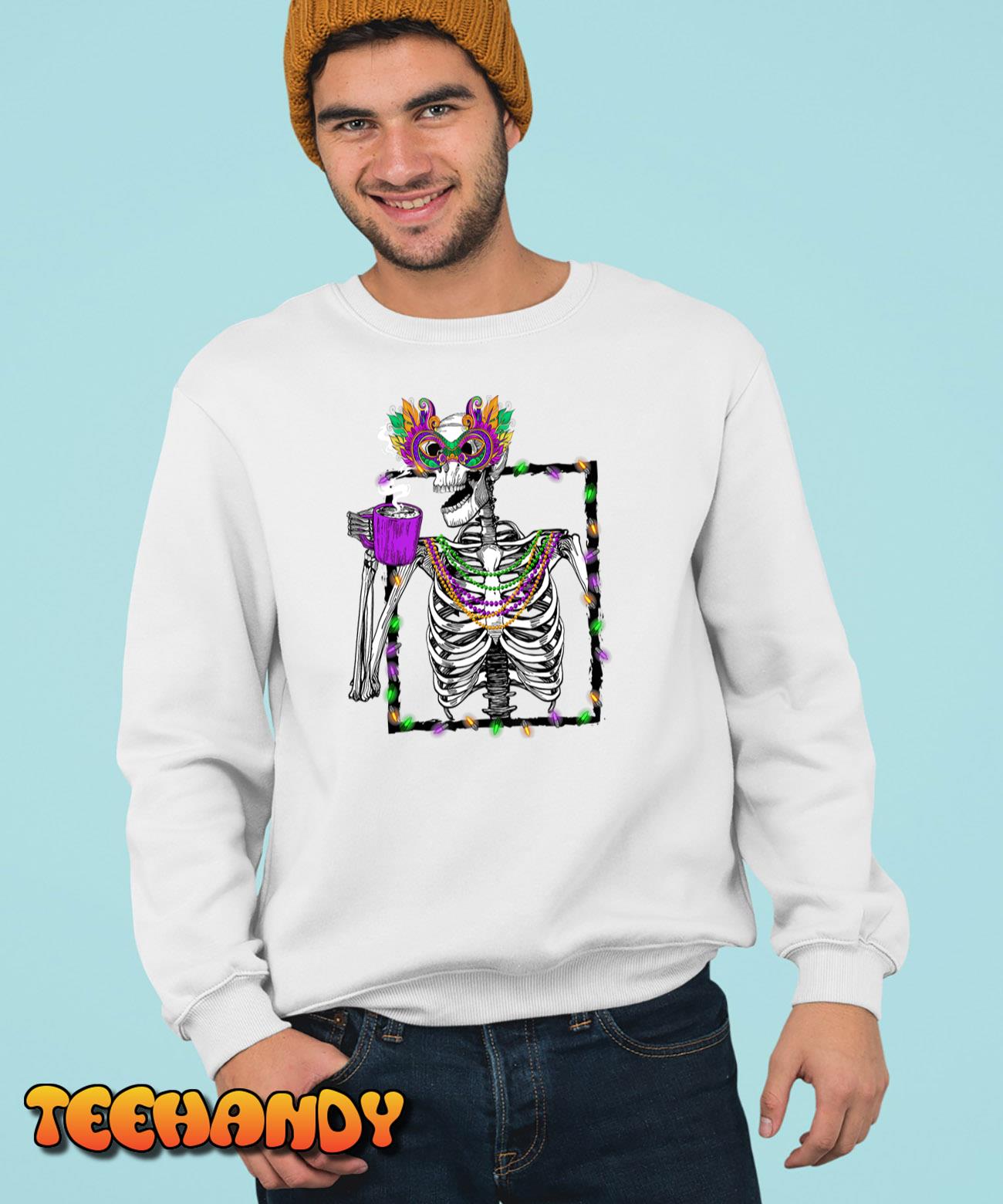 Mardi Gras Skeleton Drinking Coffee Mask Beads T-Shirt