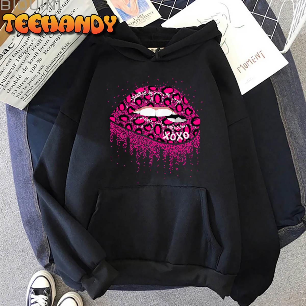 Pink Leopard Print Lips Valentine Day XOXO Women Girl Pullover Hoodie