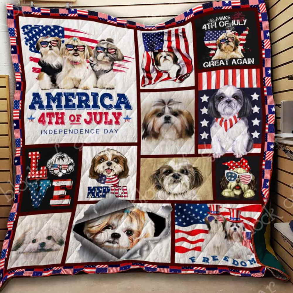 Shih Tzu With American Flag Quilt Blanket