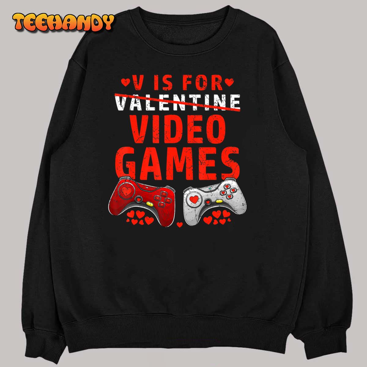 V Is For Video Games Funny Gamer Kids Boys Valentines Day T-Shirt