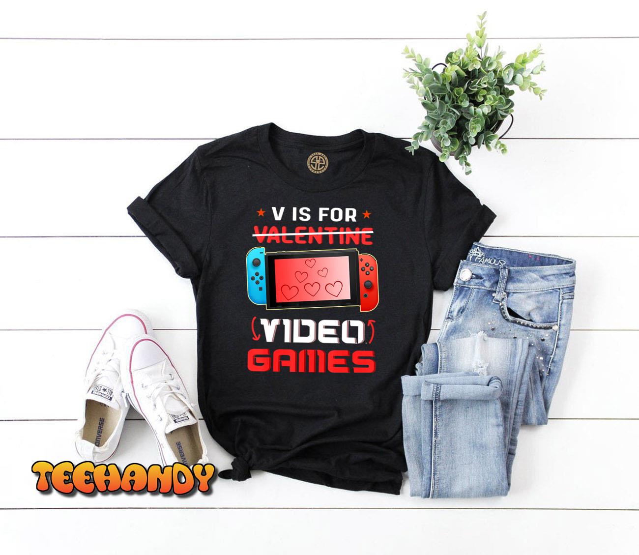 Valentines Day boys kids son V Is For Video Games gamer T-Shirt