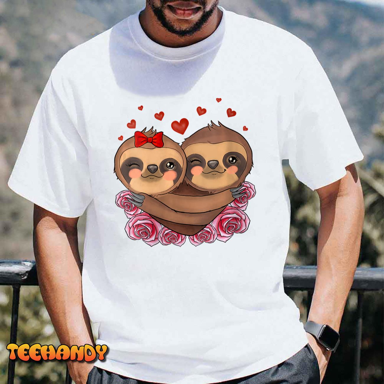 Womens XOXO Cute Sloth Love Heart Valentines Day Matching Couple T-Shirt