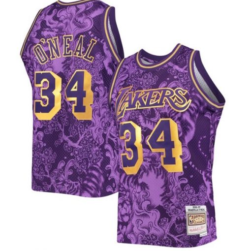 Mens Los Angeles Lakers Shaquille ONeal Mitchell Ness Purple Hardwood Classics 1996 97 Lunar New Year Swingman Jersey