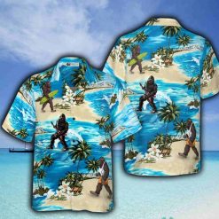 Palm Tree And Flower Blue Ocean Bigfoot Surfing Hawaiian Shirt