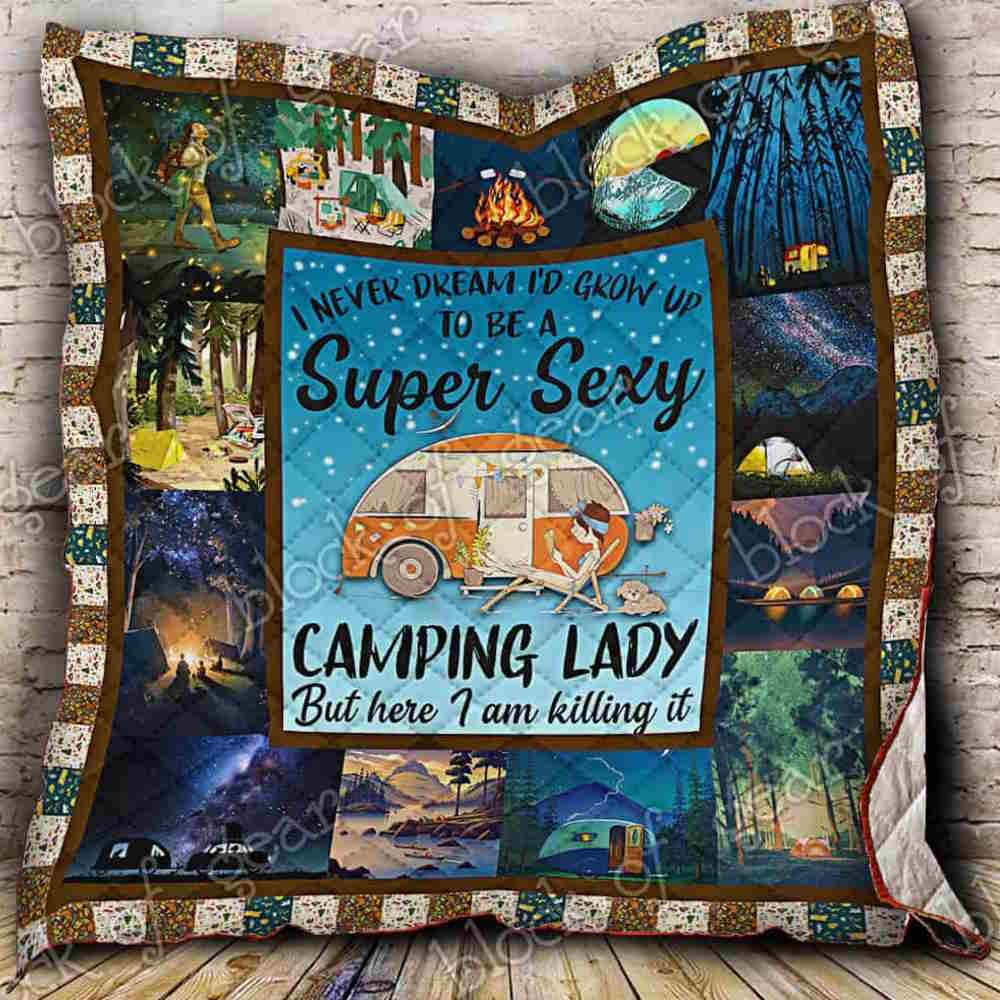 Camping Lady Quilt Blanket