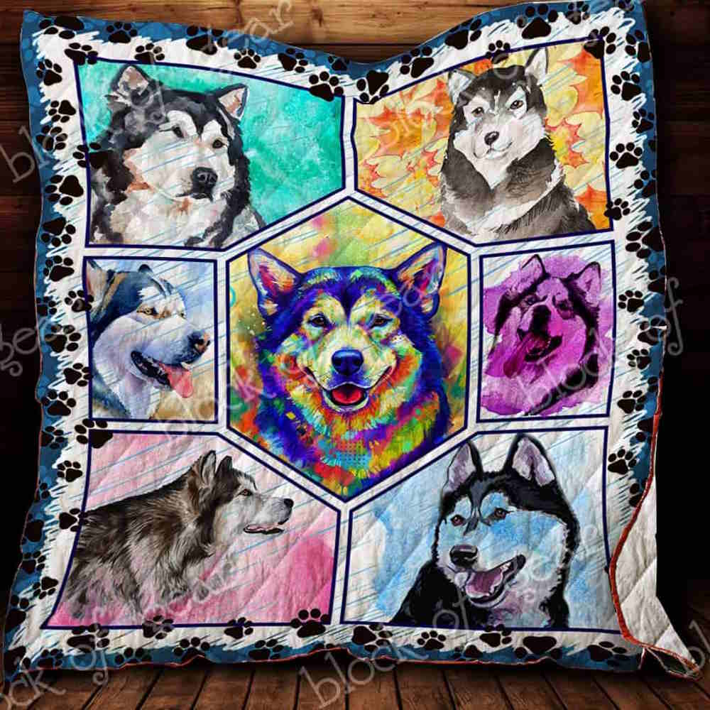 Colorful Alaskan Malamute Quilt Blanket