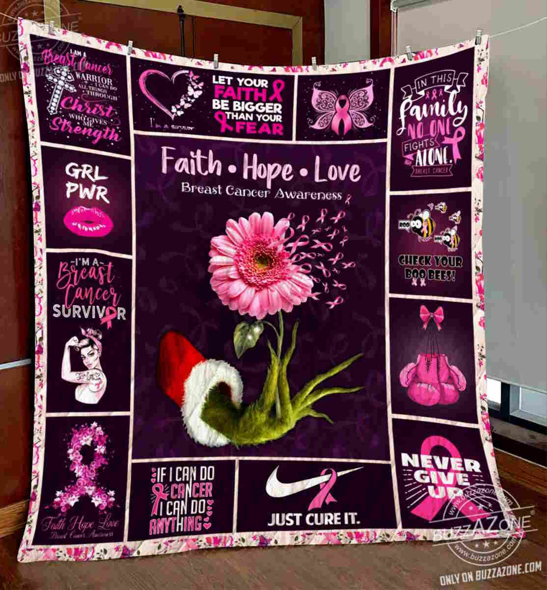 Grinch Hand Holding Breast Cancer Flower Quilt Blanket