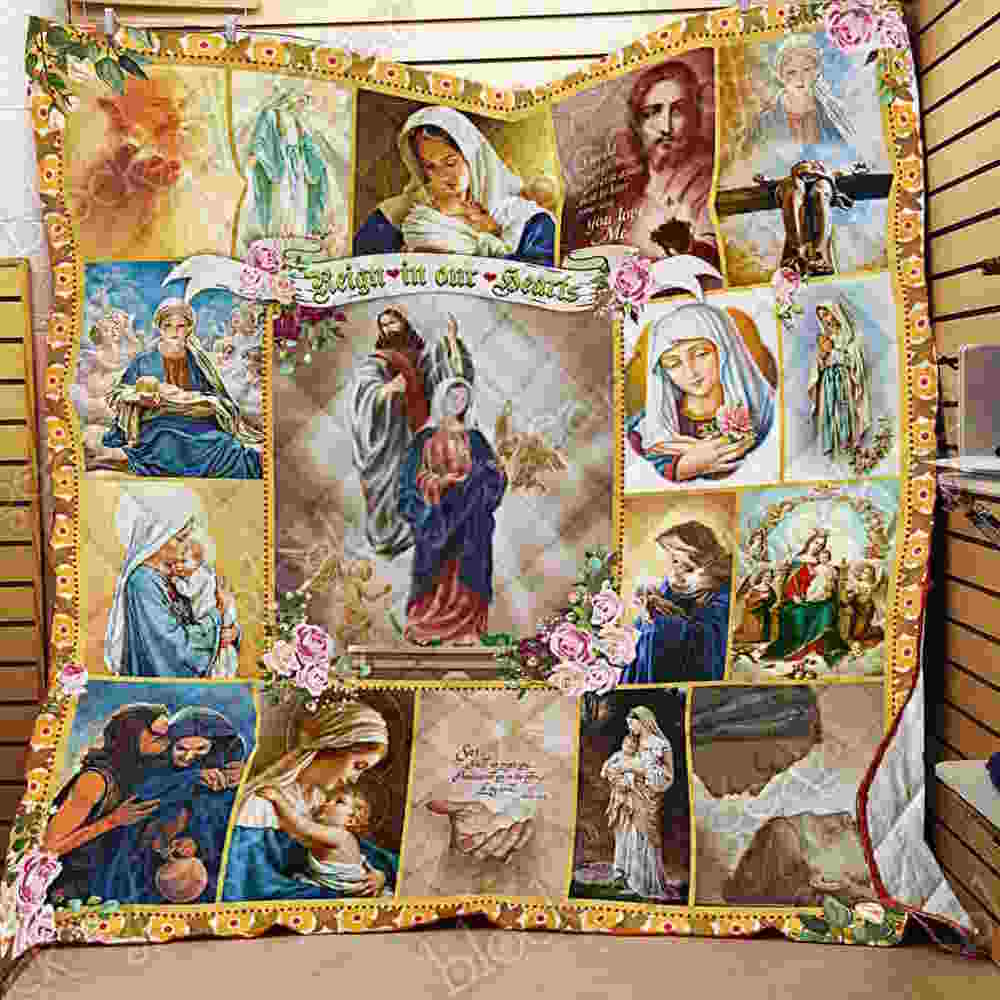 Jesus Mary Reign In Our Hearts Quilt Blanket