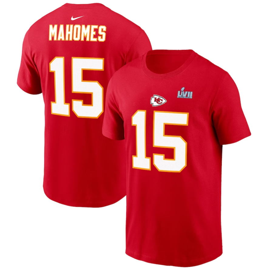 Patrick Mahomes Red Kansas City Chiefs Super Bowl LVII Name & Number T-Shirt