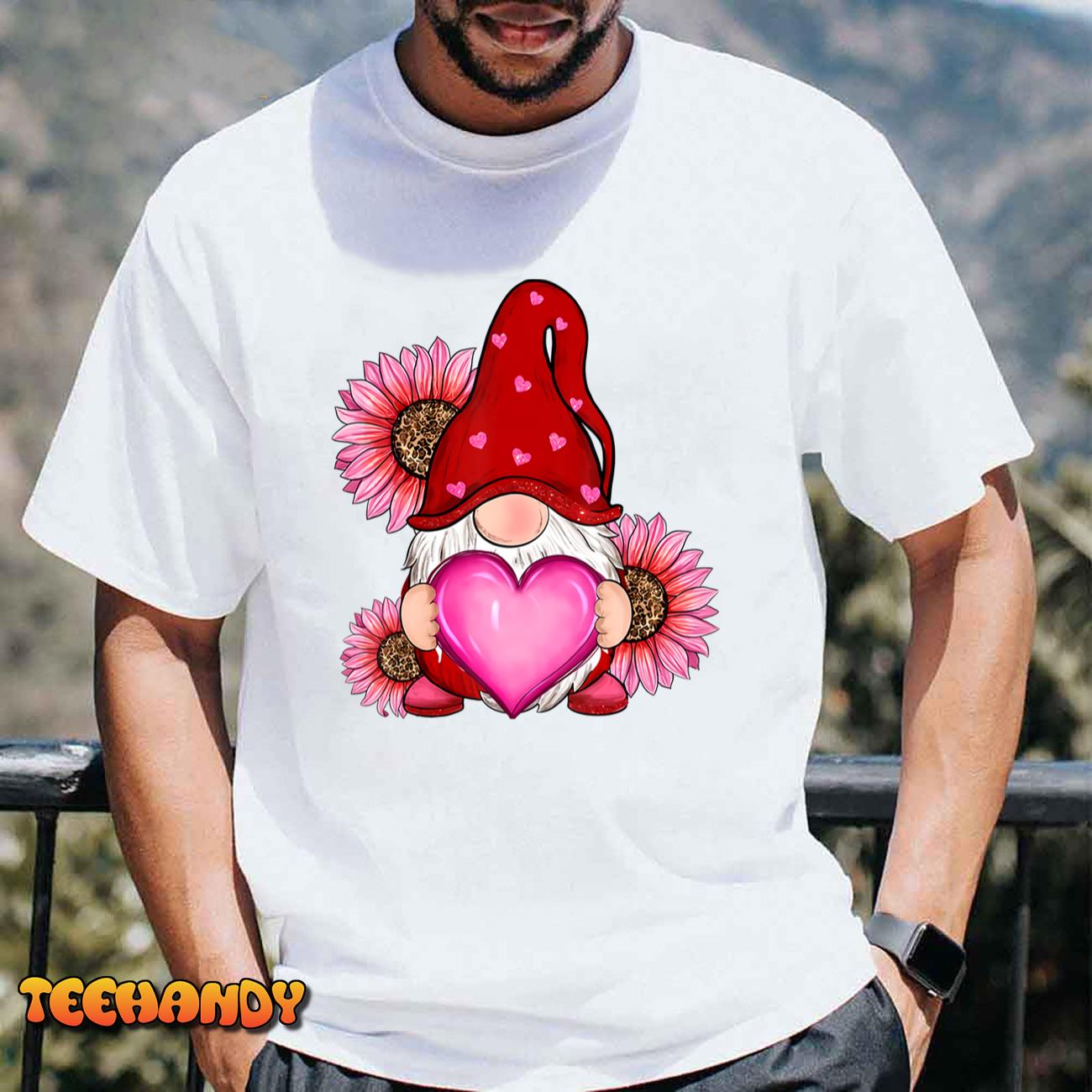 Pink Gnome Heart Leopard Sunflower Happy Valentine’s Day T-Shirt