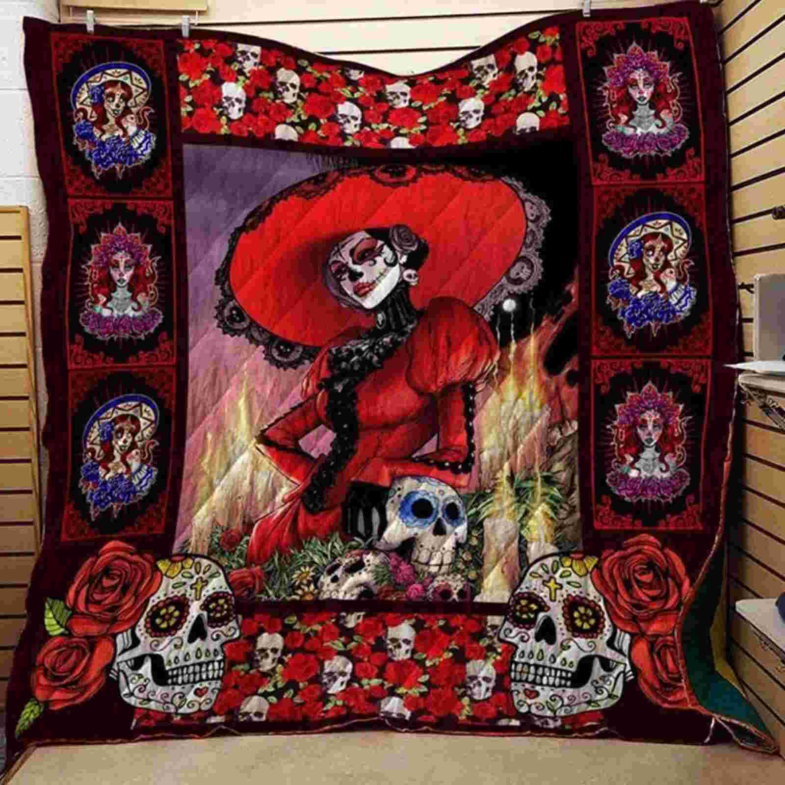 Sugar Skull Lady Skull Quilt Blanket