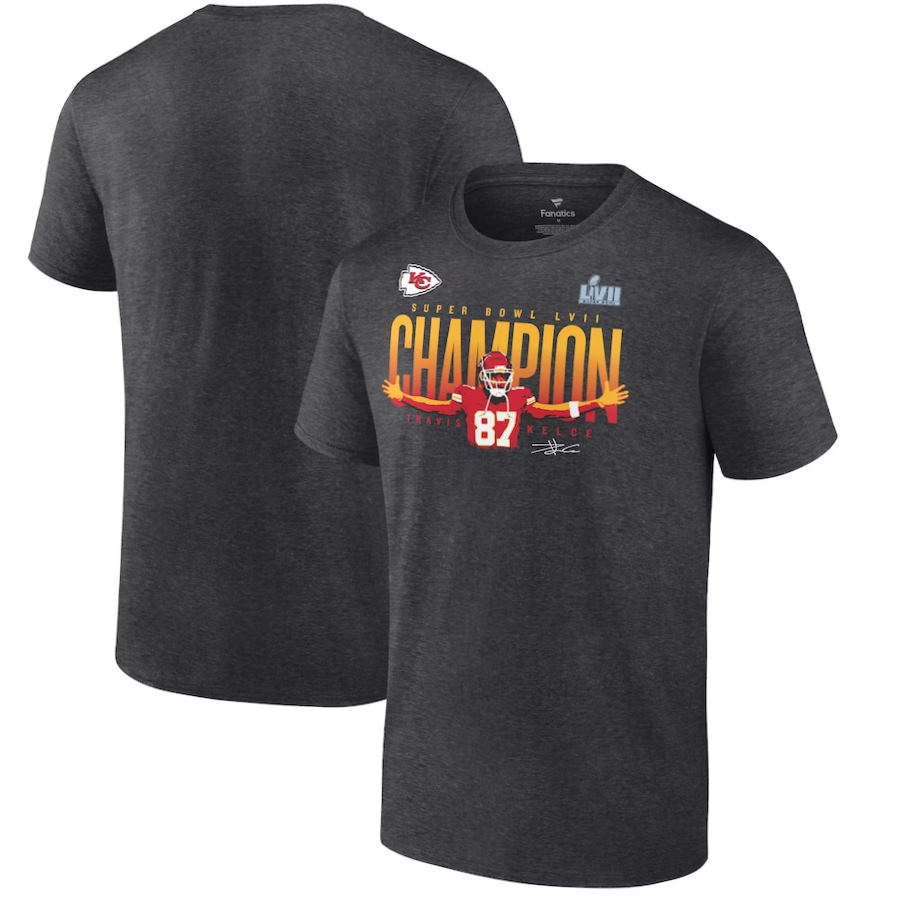 Travis Kelce Charcoal Kansas City Chiefs Super Bowl LVII Champions Winning Plays T-Shirt