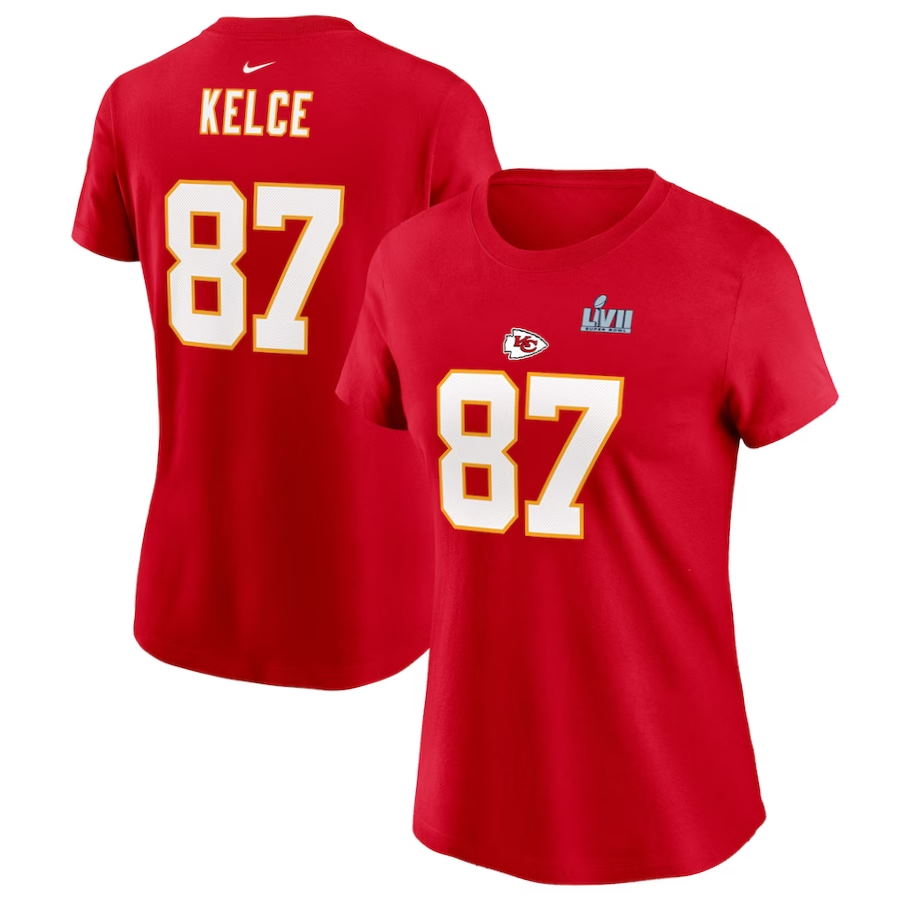 Women’ Travis Kelce Red Kansas City Chiefs Super Bowl LVII Name & Number T-Shirt