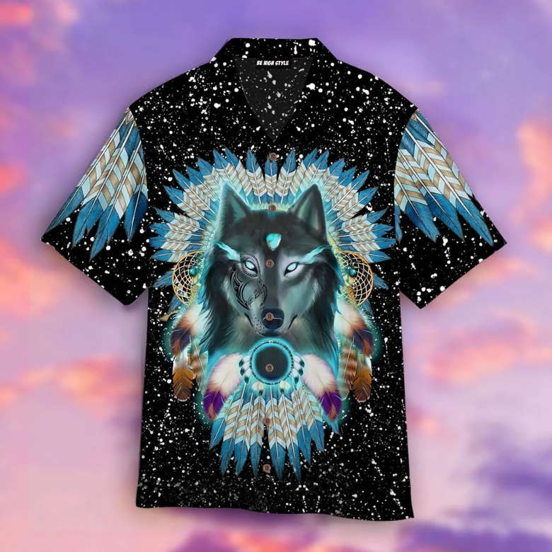 Aborigine Style Black Wolf In Galaxy Hawaiian Shirt