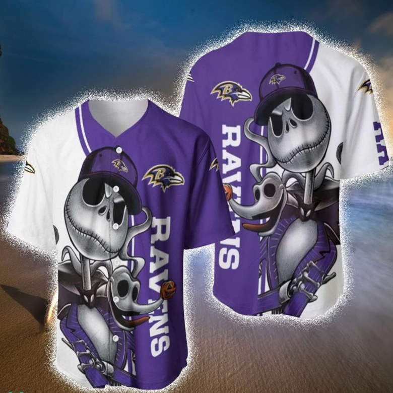 Baltimore Ravens NFL Jack Skellington And Zero Baseball Jersey