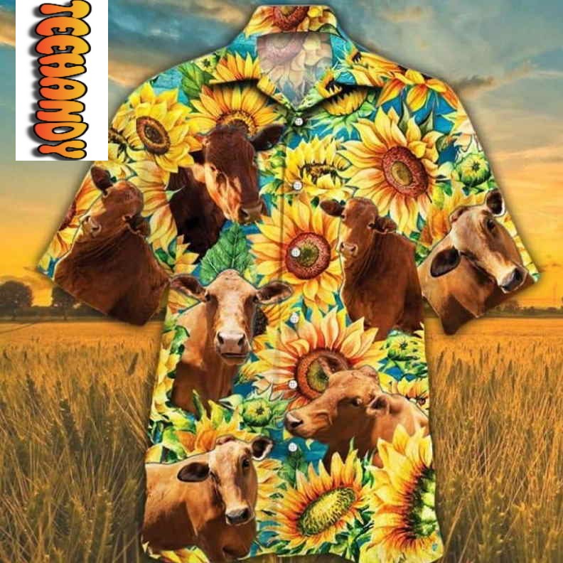 Beefmaster Cattle Sunflower Watercolor Hawaiian Shirt