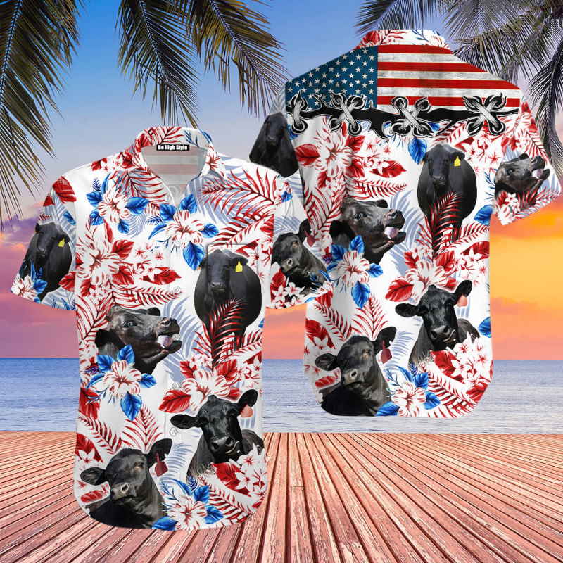 Black Angus Cow American Flag Hawaiian Shirt