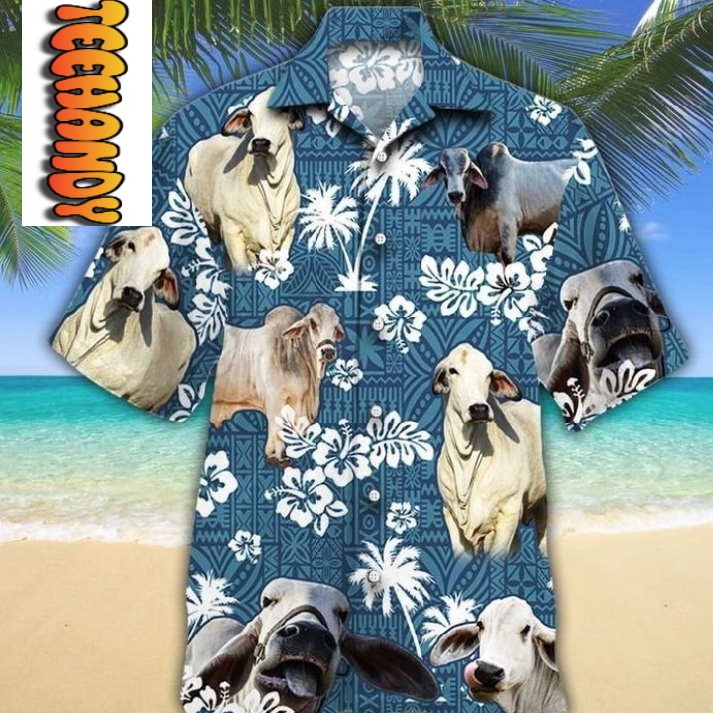 Brahman Cattle Blue Tribal Hawaiian Shirt