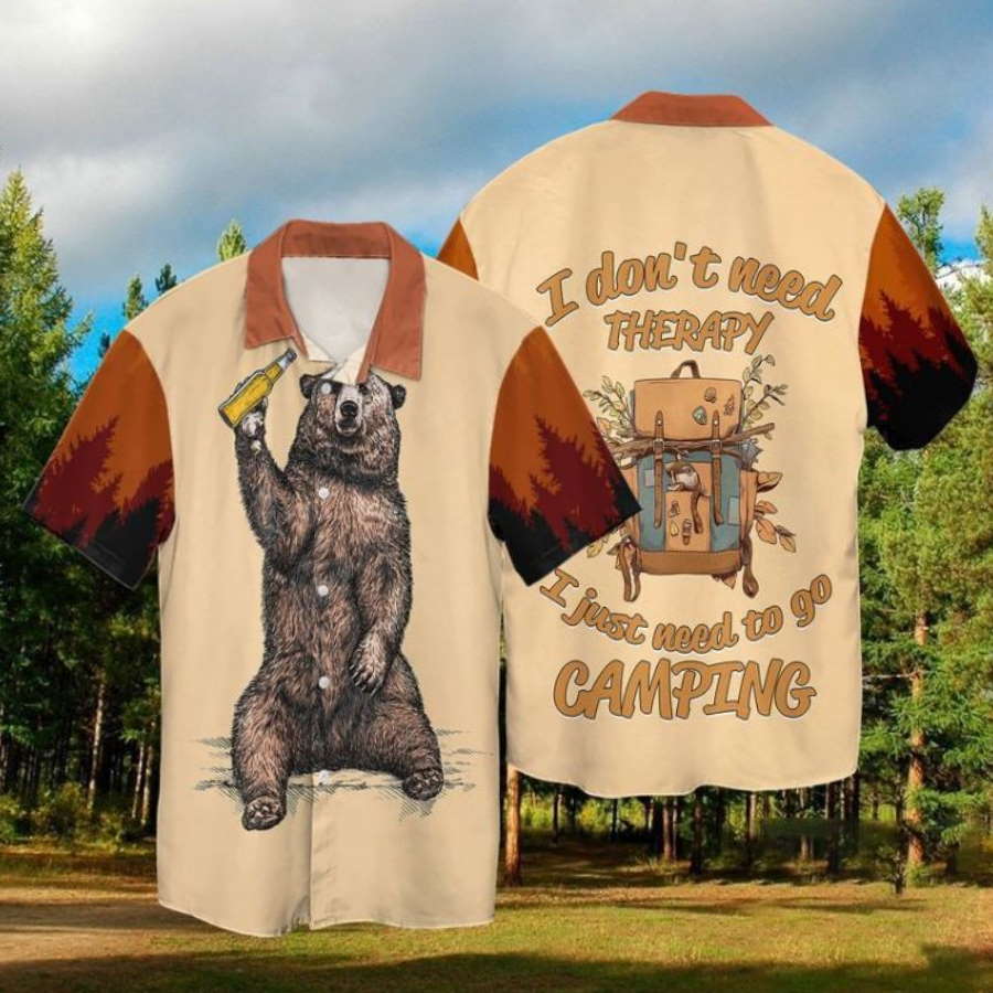 Camping The Bear With Wine I Don’t Need Therapy I Just Need To Go Camping Hawaiian Shirt