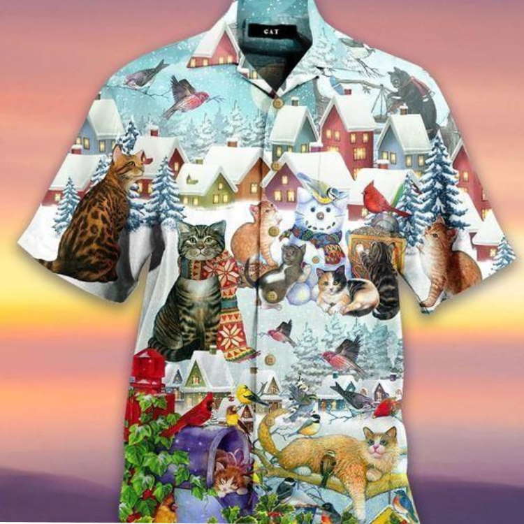 Cat And Bird Merry Christmas Hawaii Aloha Shirt