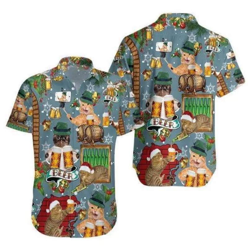 Cat Drinking Beer Merry Christmas Hawaiian Shirt