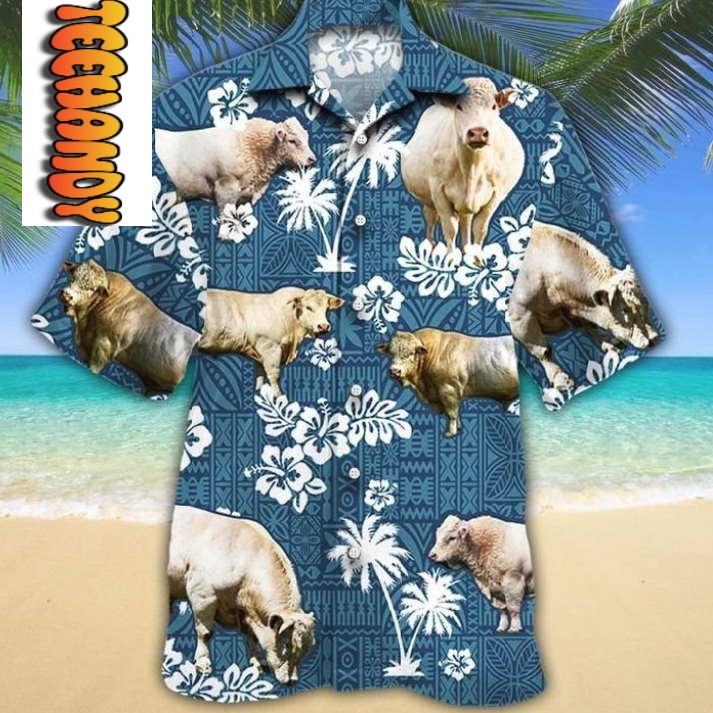 Charolais Cattle Blue Tribal Hawaiian Shirt