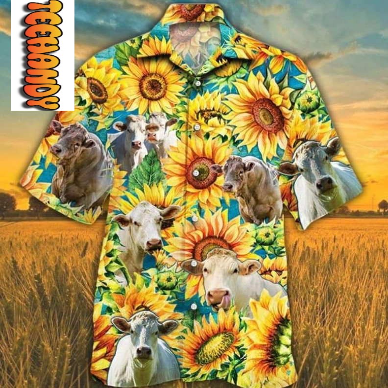 Charolais Cattle Sunflower Watercolor Hawaiian Shirt