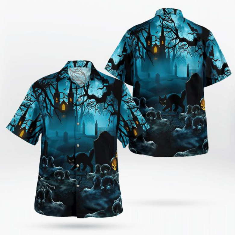 Gloomy Night Haunted Castle Black Cat Scary Hawaiian Shirt