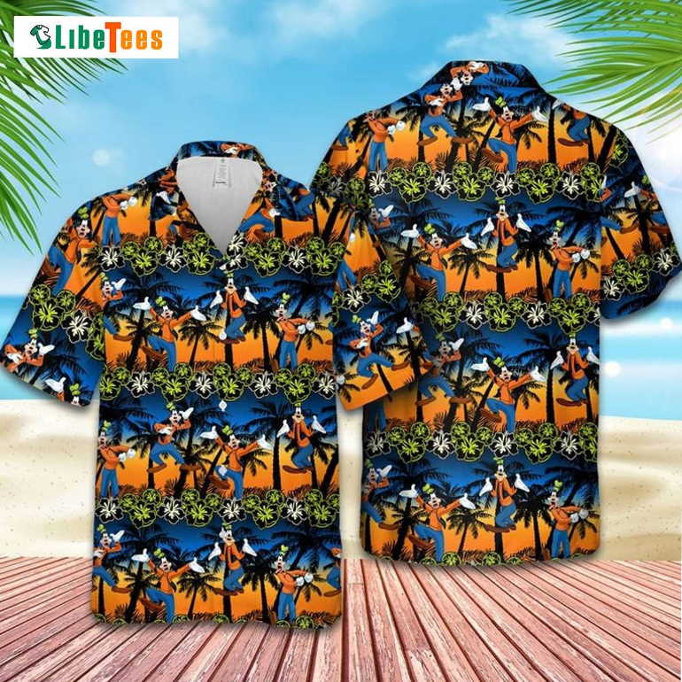 Goofy Dog Disney Palm Tree Sunset, Disney Hawaiian Shirt