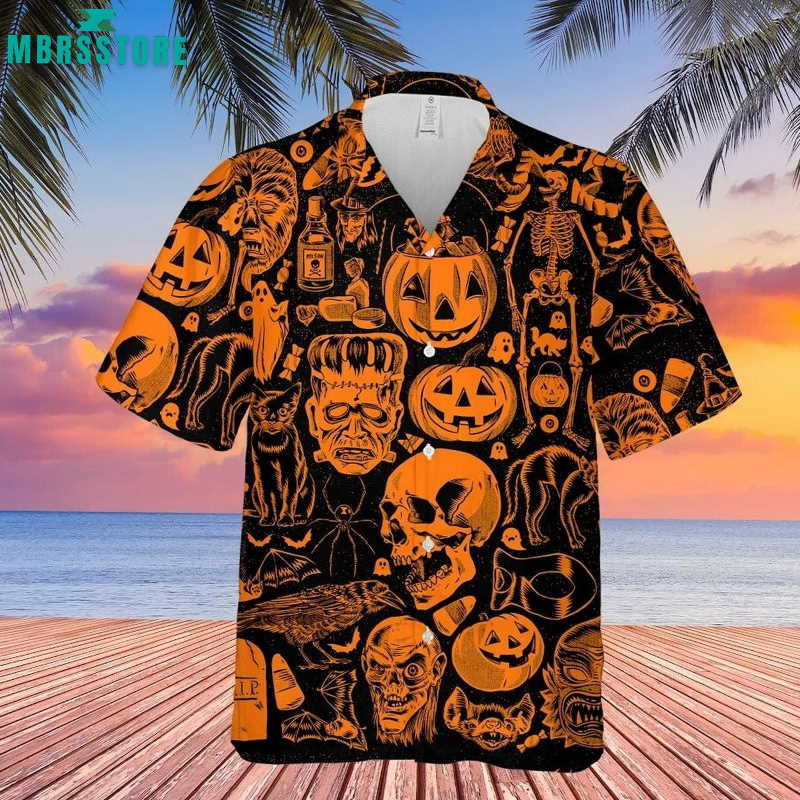 Halloween Skull Pumpkin Black Cat Skeleton Tropical Beach Hawaiian Shirt