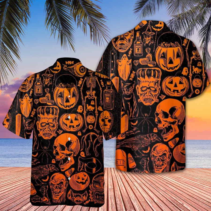 Halloween Skull Pumpkin Lantern Black Cat Skeleton Hawaiian Shirt