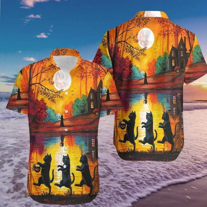 Halloween Walking Cat Hawaiian Shirt