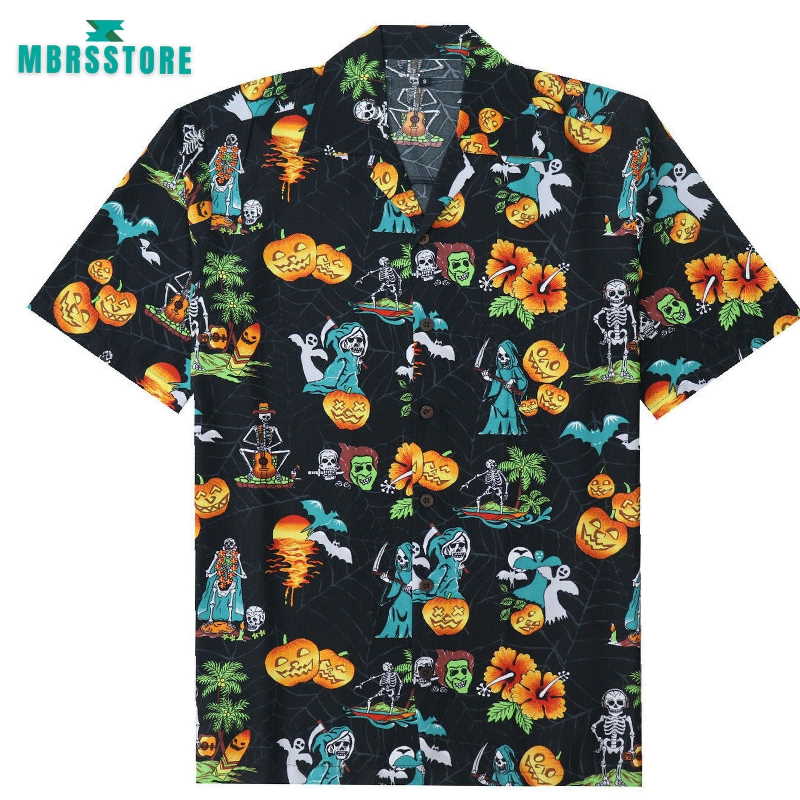 Halloween With Pumpkin Skeleton Skull Spooky Fun Party Aloha Quirky Funky Hawaiian Shirt