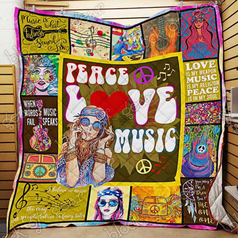 Hippie Girl Peace, Love, Music 3D Quilt Blanket