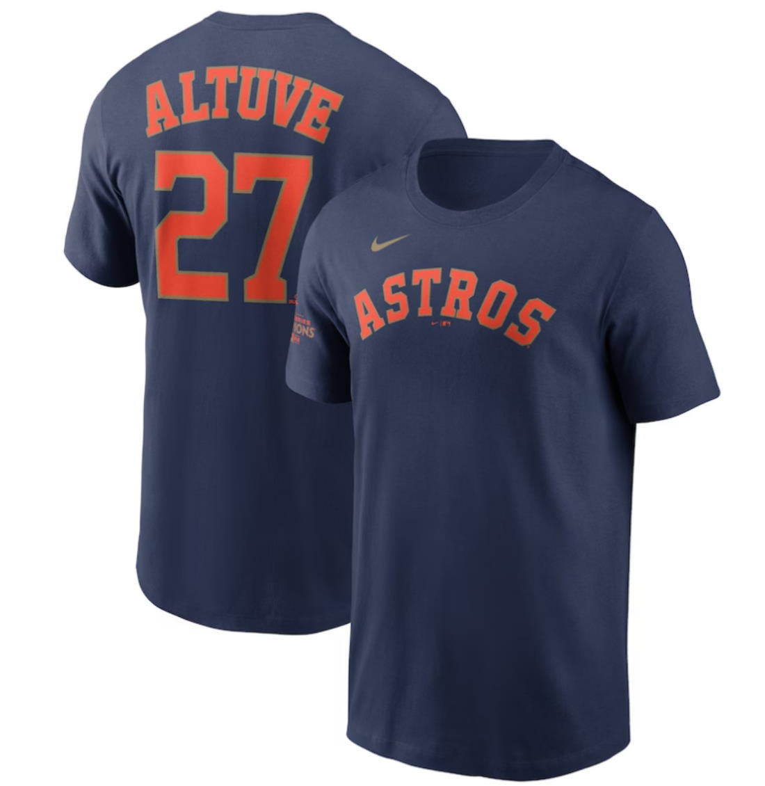 Houston Astros Jose Altuve Navy 2023 Gold Collection Name & Number T-Shirt