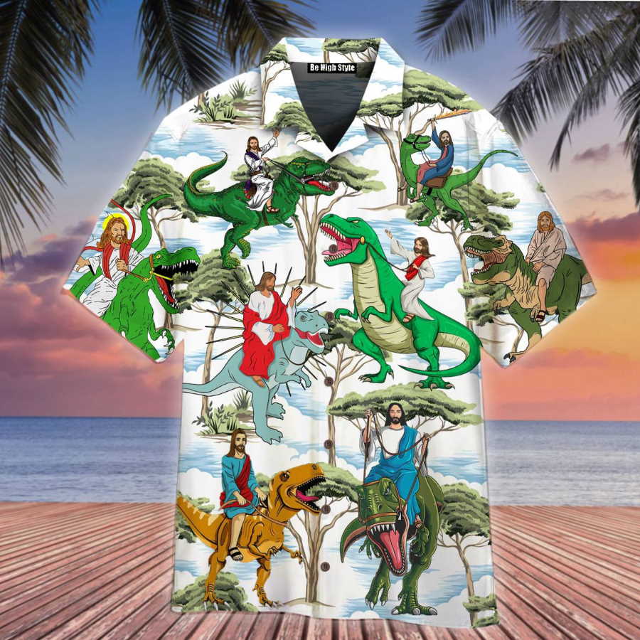 Jesus Ride A Dinosaur Aloha Hawaiian Shirt