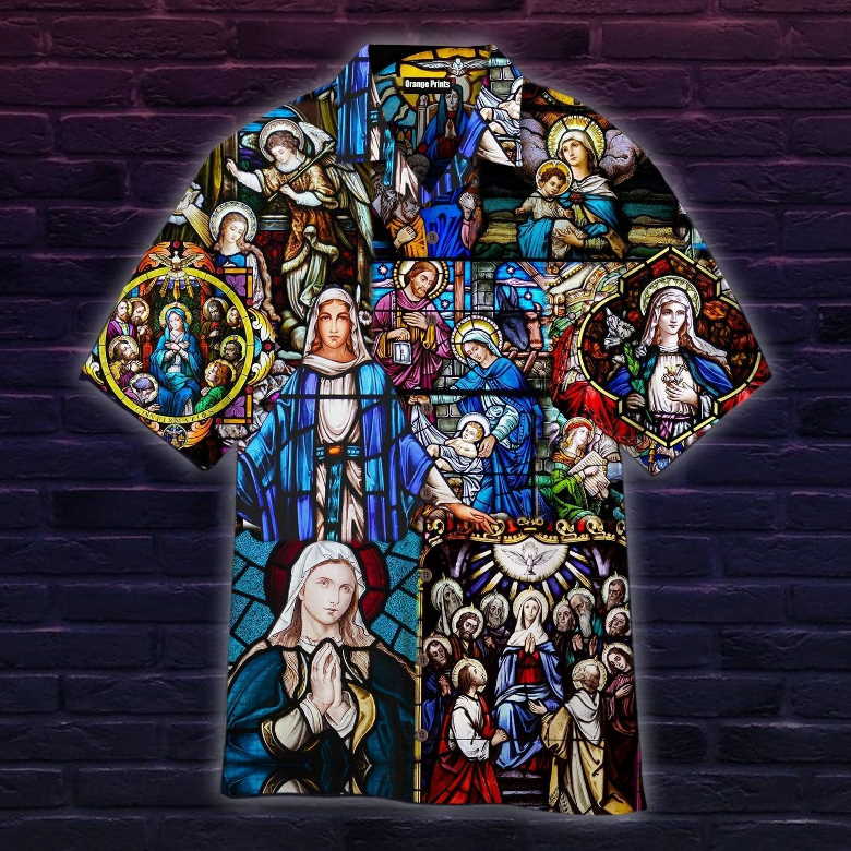 Mary’s Coronation Religious Stained Glass Jesus Hawaiian Shirt