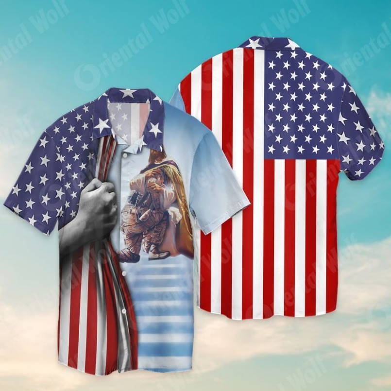 Memorial Day 4th Of July Independence Day Veteran And Jesus Hawaiian Shirt