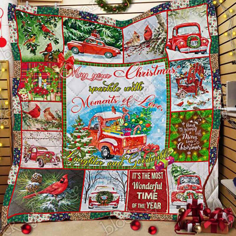 Merry Christmas, Red Truck And Cardinal Quilt Blanket