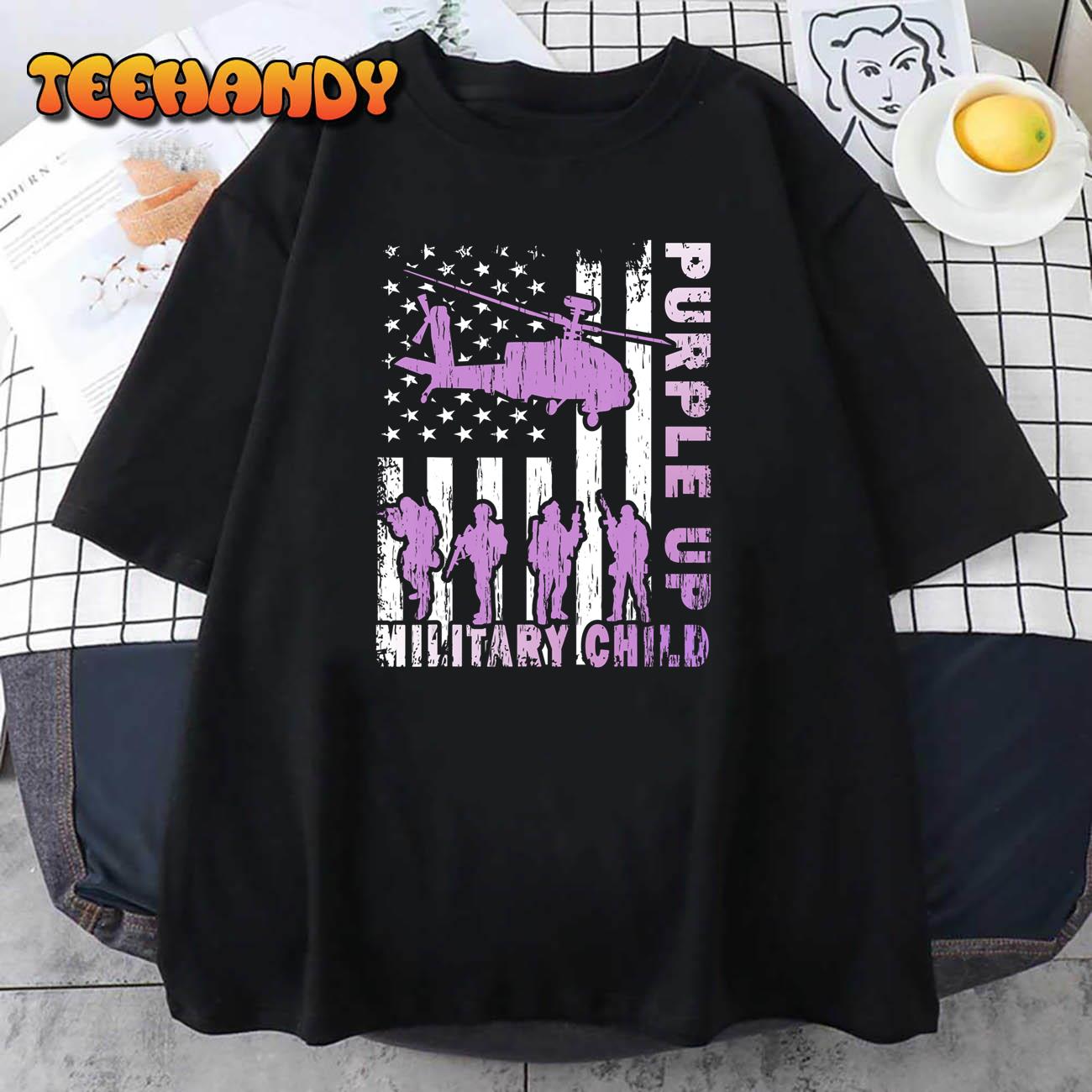 Military Child Shirt Purple Up American Flag Helicopter Kids T-Shirt