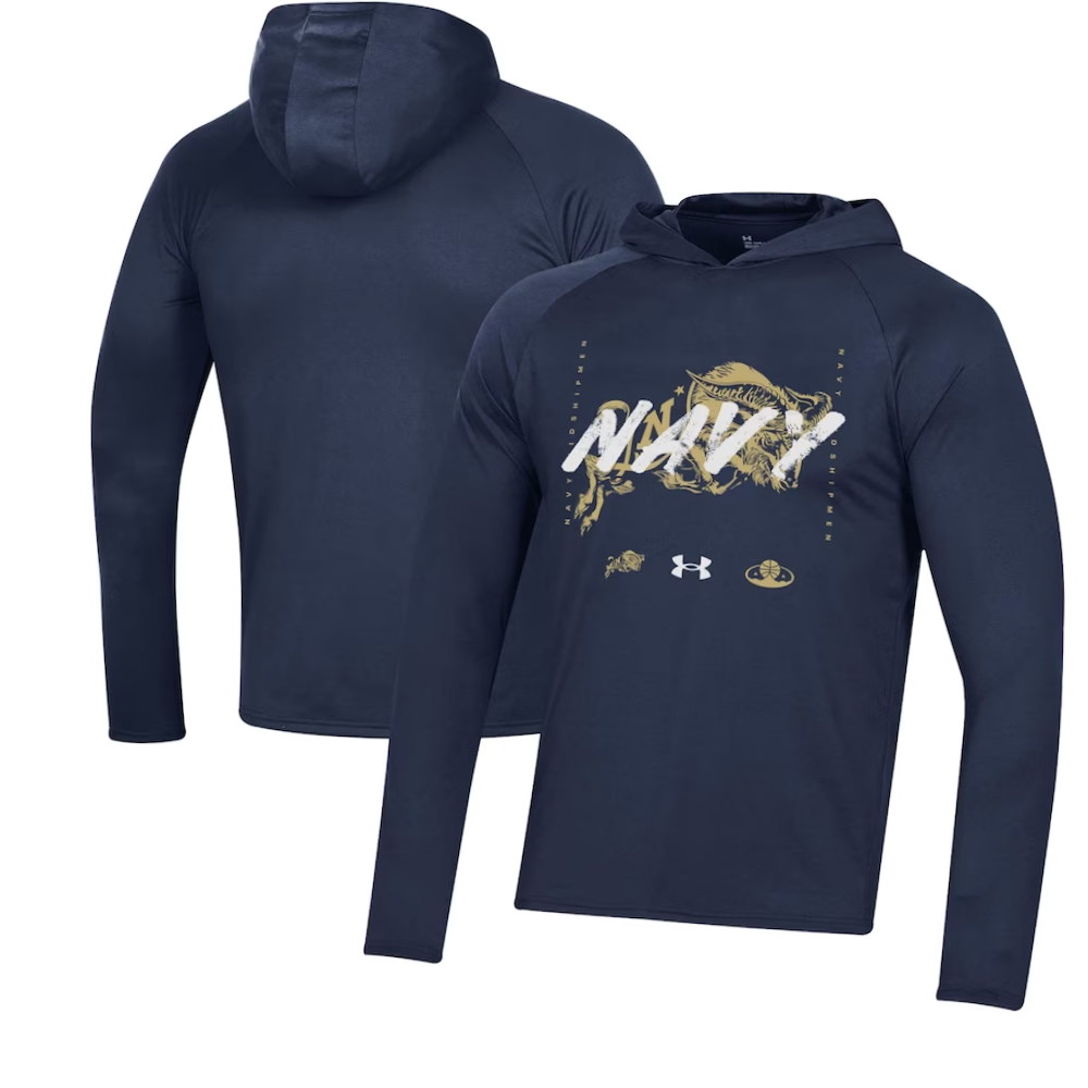 Navy Midshipmen On Court Shooting Long Sleeve Hoodie T-Shirt