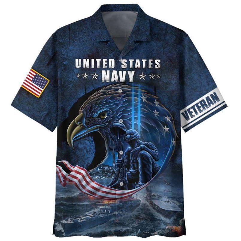 Navy Veteran American Flag Hawaiian Shirt