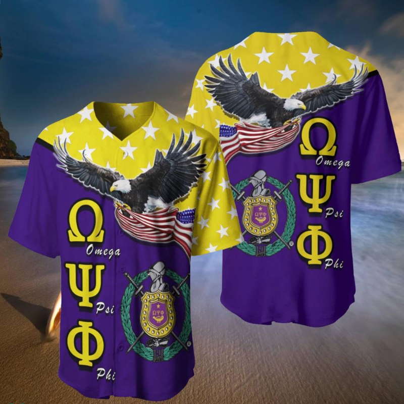 Omega Psi Phi 1911 Crest Eagle US Flag Royal Purple Baseball Jersey