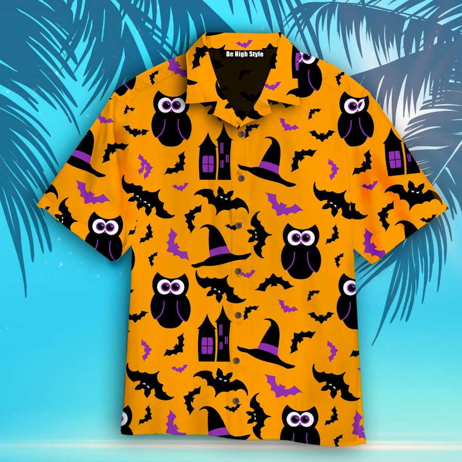 Owl Halloween Pattern Orange Hawaiian Shirt