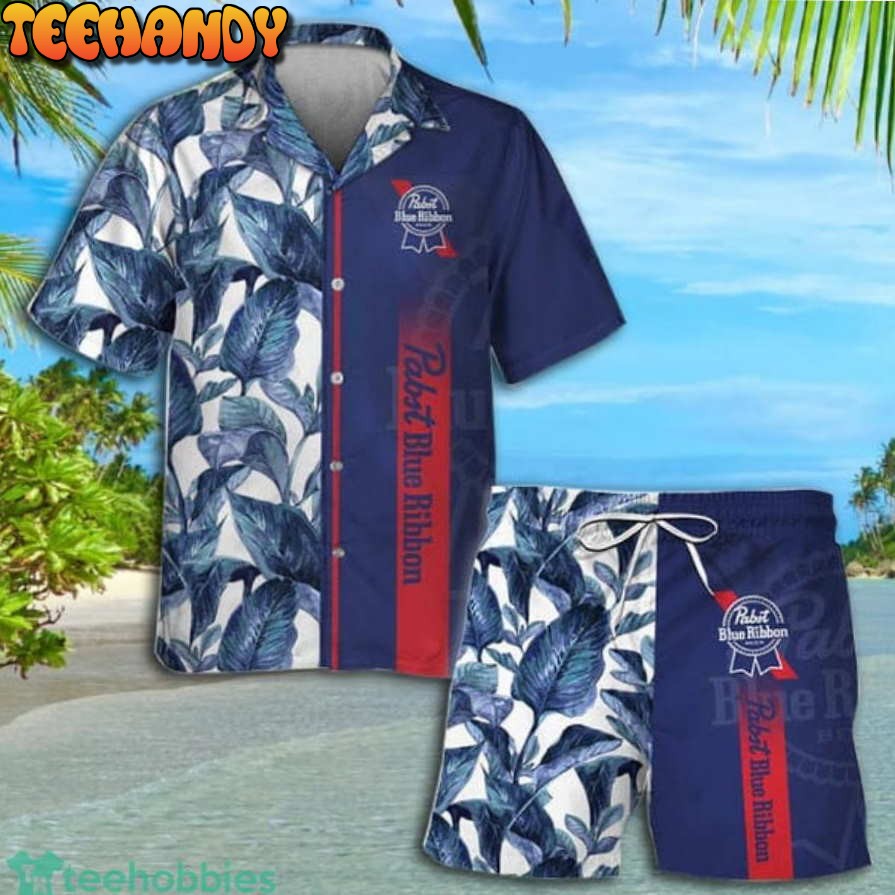 Pabst Blue Ribbon Tropical Leaf Short Sleeve Hawaiian Shirt And Short