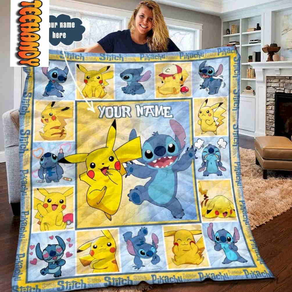 Pikachu and Stitch Custom Name Blanket