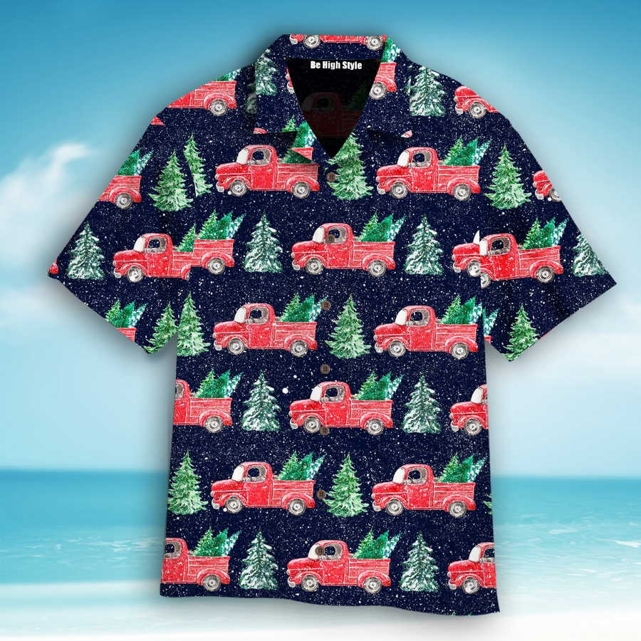 Red Christmas Truck Holding Trees Hawaiian Shirt