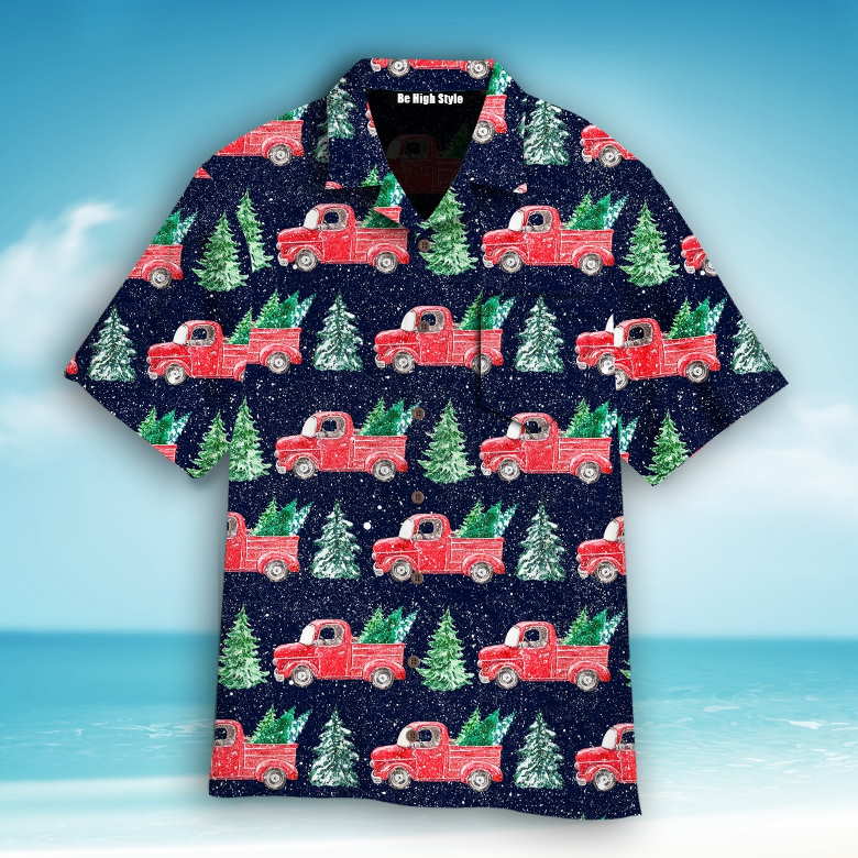 Red Christmas Truck Holding Trees Hawaiian Shirt