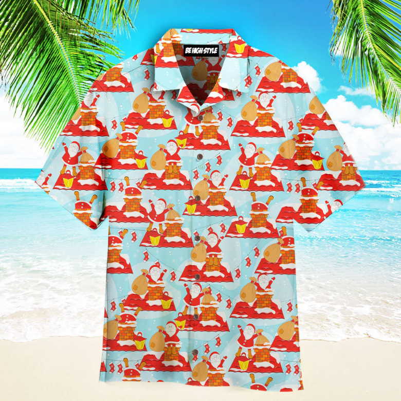 Santa Claus On Roof Pattern Aloha Hawaiian Shirt